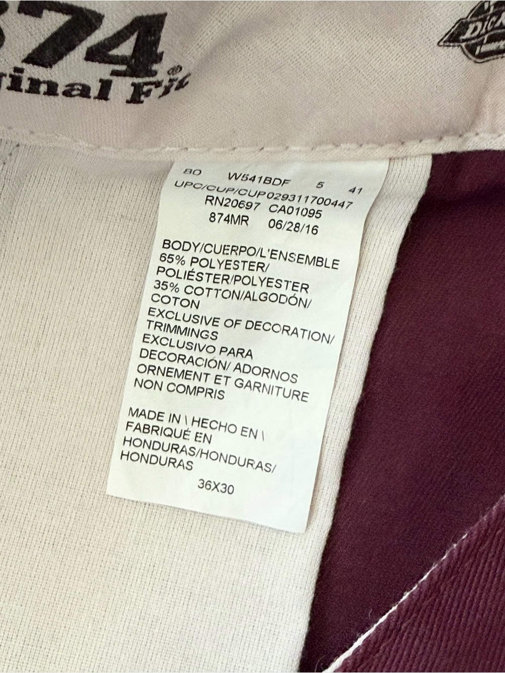 Dickies 874 Original Fit Work Pants Men’s 36x30 Burgundy Straight Leg - Picture 9 of 9